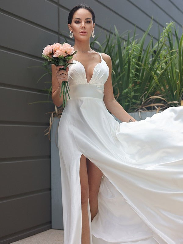 A-Line/Princess Satin Ruched V-neck Sleeveless Sweep/Brush Train Wedding Dresses DEP0007022