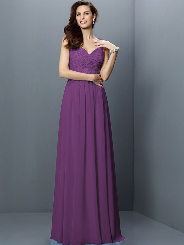 A-Line/Princess V-neck Lace Sleeveless Long Chiffon Bridesmaid Dresses DEP0005562