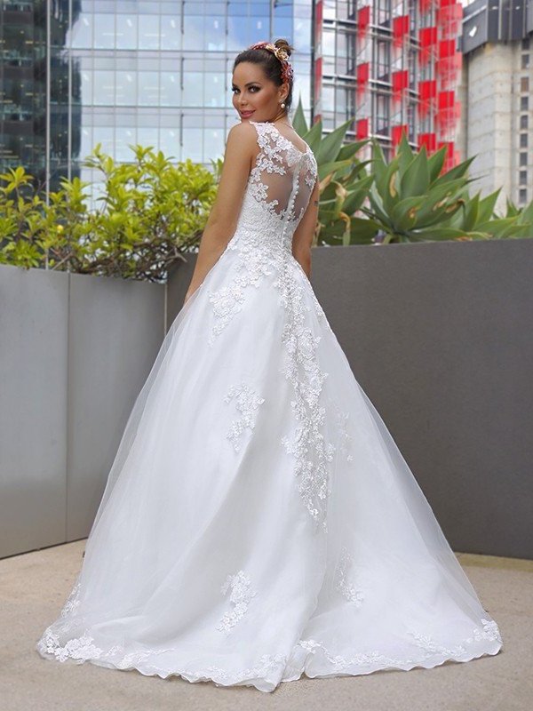 A-Line/Princess Sleeveless Tulle Lace Scoop Sweep/Brush Train Wedding Dresses DEP0006006