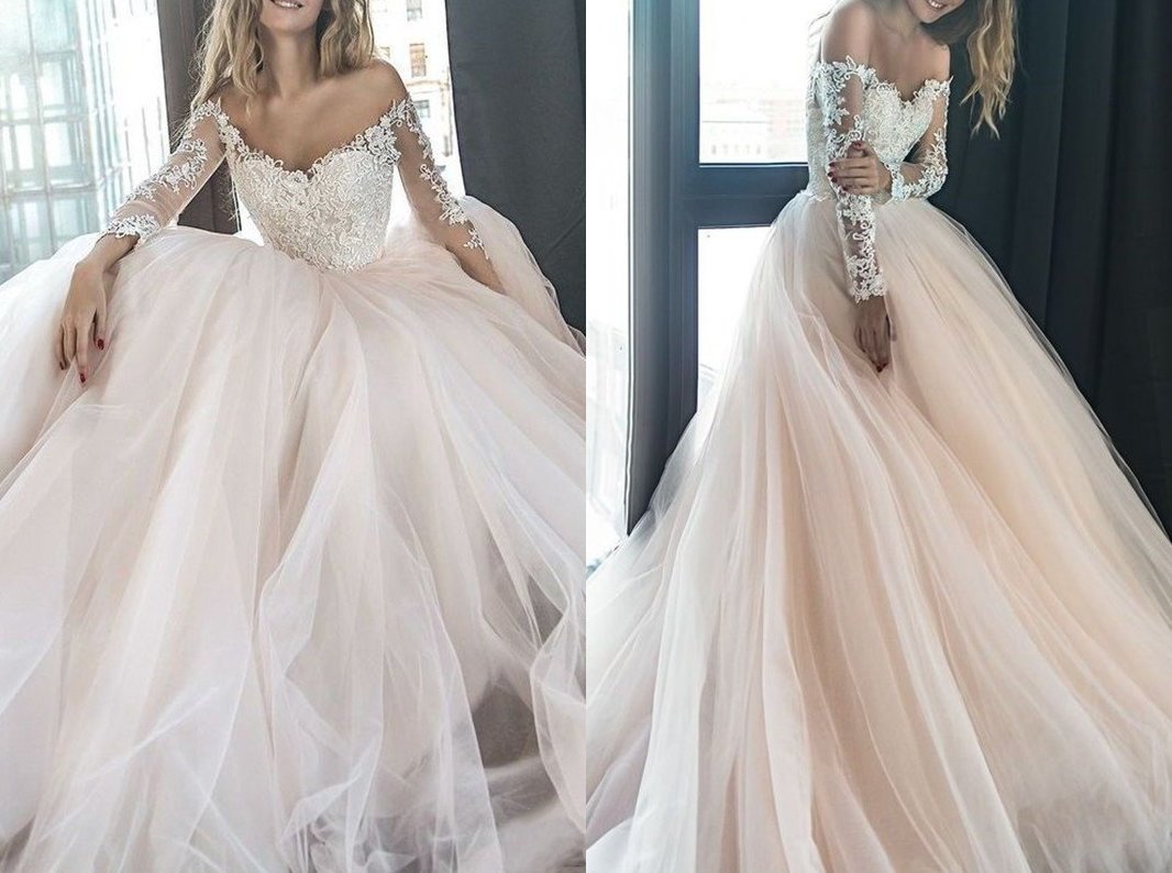 A-Line/Princess Off-the-Shoulder Long Sleeves Court Train Applique Tulle Wedding Dresses DEP0005949