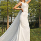 Sheath/Column Satin Ruched Scoop Sleeveless Sweep/Brush Train Wedding Dresses DEP0006592