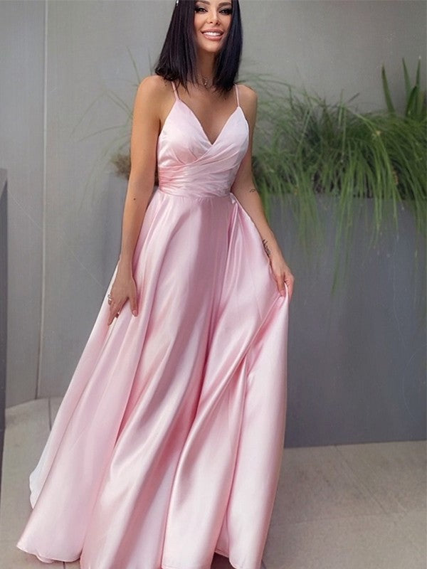 A-Line/Princess V-neck Satin Ruched Sleeveless Floor-Length Dresses DEP0001582