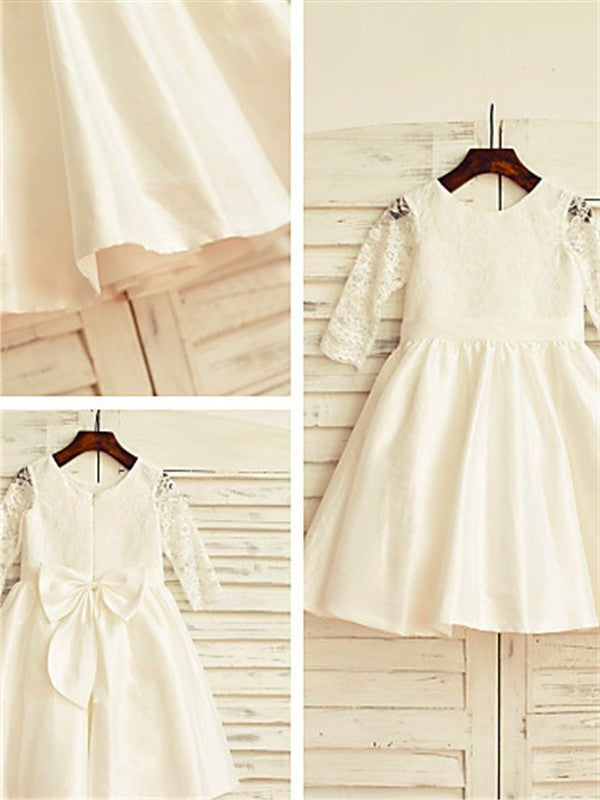 A-line/Princess Jewel Long Sleeves Lace Tea-Length Satin Flower Girl Dresses DEP0007791