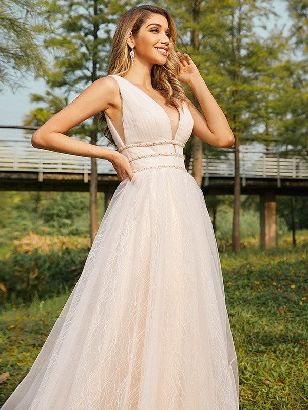 A-Line/Princess Tulle Ruffles V-neck Sleeveless Sweep/Brush Train Wedding Dresses DEP0006441