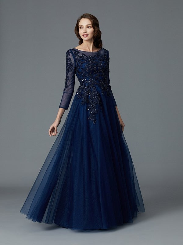 A-Line/Princess Long Sleeves Scoop Beading Floor-Length Tulle Mother of the Bride Dresses DEP0007069