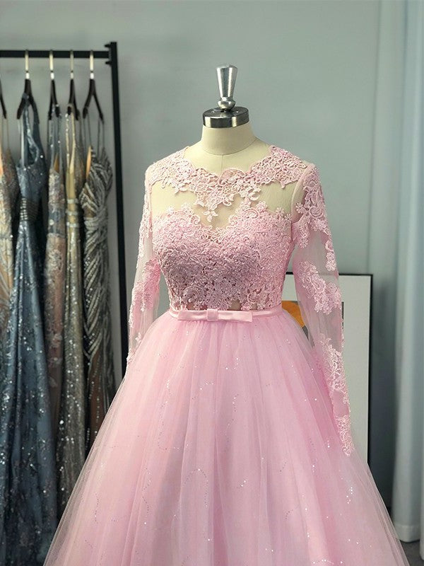 Ball Gown Long Sleeves Tulle Lace Jewel Sweep/Brush Train Dresses DEP0001586