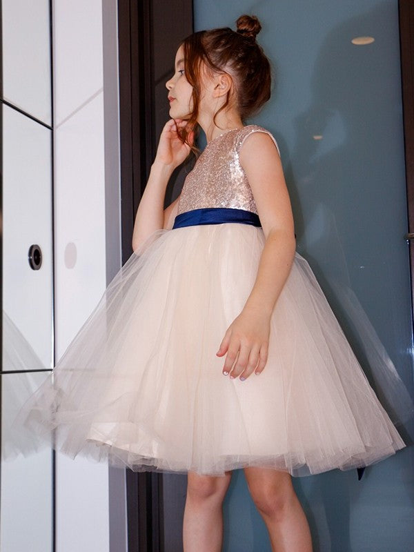 A-Line/Princess Tulle Sash/Ribbon/Belt Scoop Short Sleeves Knee-Length Flower Girl Dresses DEP0007482