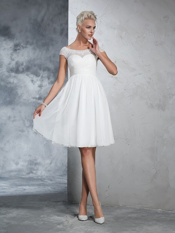 A-Line/Princess Sheer Neck Ruched Short Sleeves Short Chiffon Wedding Dresses DEP0006652