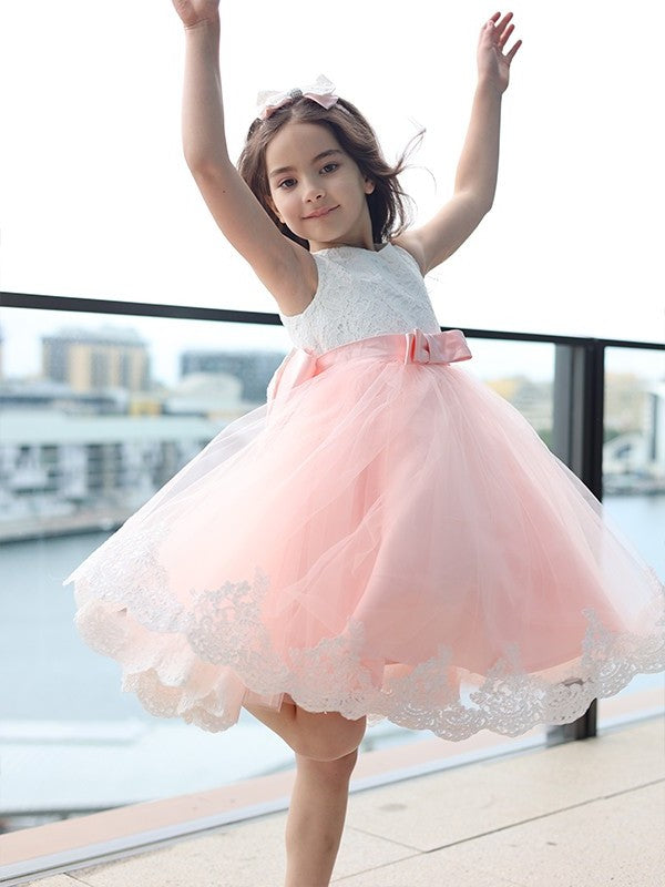 A-Line/Princess Lace Bowknot Scoop Sleeveless Short/Mini Flower Girl Dresses DEP0007459