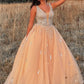 Ball Gown Tulle V-neck Beading Sleeveless Floor-Length Dresses DEP0001395