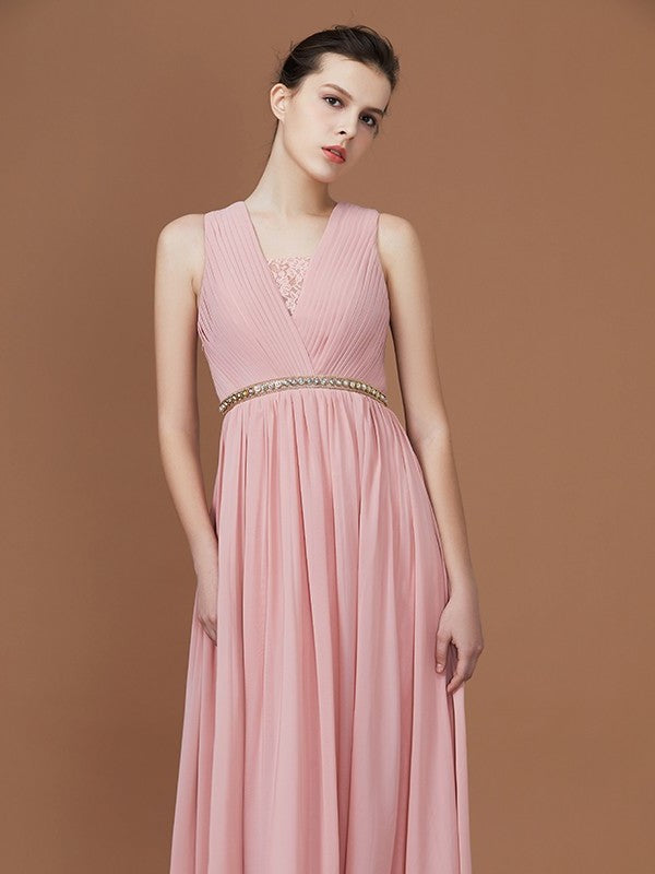 A-Line/Princess Lace Sleeveless Floor-Length Chiffon Ruched V-neck Bridesmaid Dresses DEP0005862