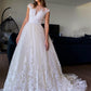 A-Line/Princess Tulle Applique V-neck Sleeveless Court Train Wedding Dresses DEP0006412