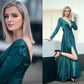 A-Line/Princess Long Sleeves Ruffles Satin Chiffon V-neck Floor-Length Dresses DEP0009083