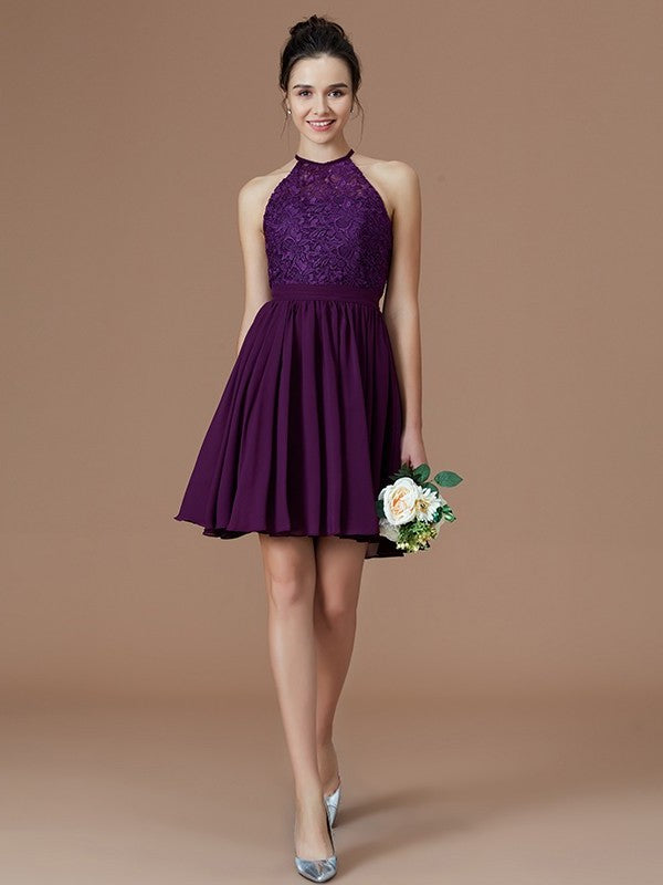 A-Line/Princess Halter Sleeveless Lace Short/Mini Chiffon Bridesmaid Dresses DEP0005132