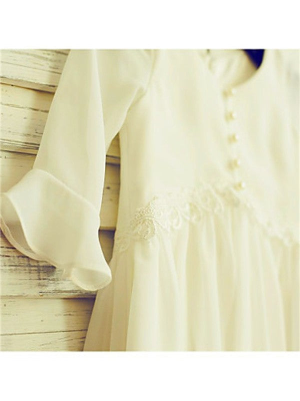 A-line/Princess Scoop Long Sleeves Ruffles Tea-Length Chiffon Flower Girl Dresses DEP0007835