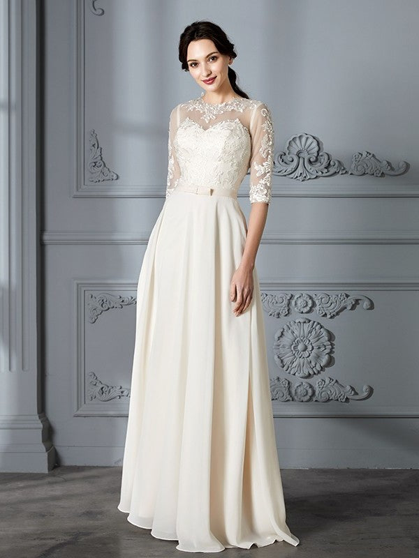 A-Line/Princess Scoop 1/2 Sleeves Floor-Length Chiffon Wedding Dresses DEP0006552