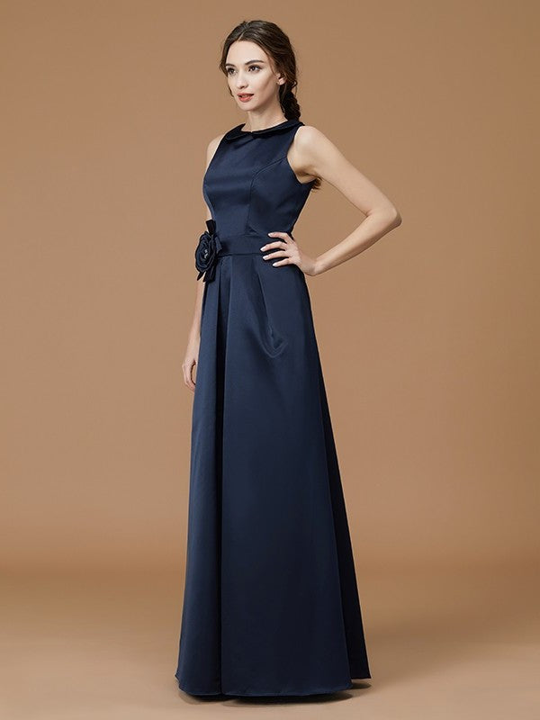 A-Line/Princess Bateau Sleeveless Floor-Length Hand-Made Flower Satin Bridesmaid Dresses DEP0005670