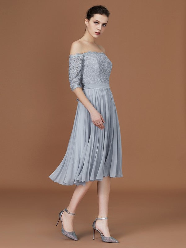 A-Line/Princess Off-the-Shoulder Short Sleeves Lace Tea-Length Chiffon Bridesmaid Dress DEP0005561