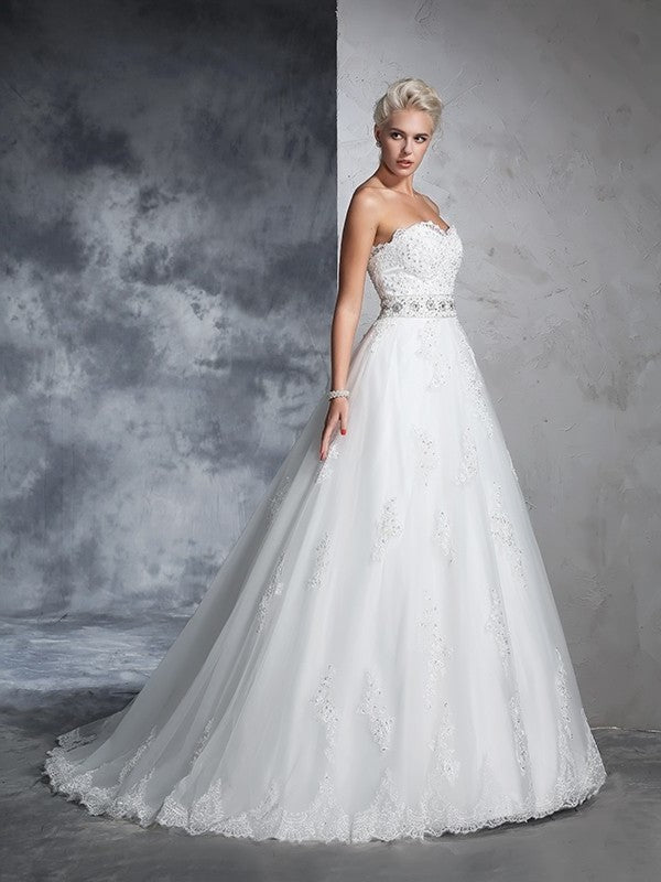 Ball Gown Sweetheart Applique Sleeveless Long Net Wedding Dresses DEP0006719