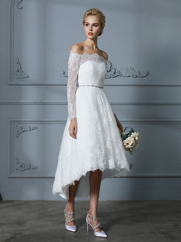 A-Line/Princess Long Sleeves Off-the-Shoulder Asymmetrical Lace Wedding Dresses DEP0006338
