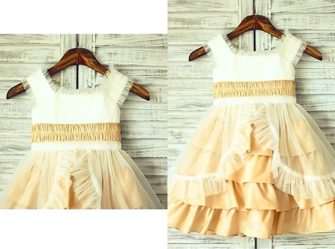 A-line/Princess Square Sleeveless Layers Tea-Length Satin Flower Girl Dresses DEP0007805