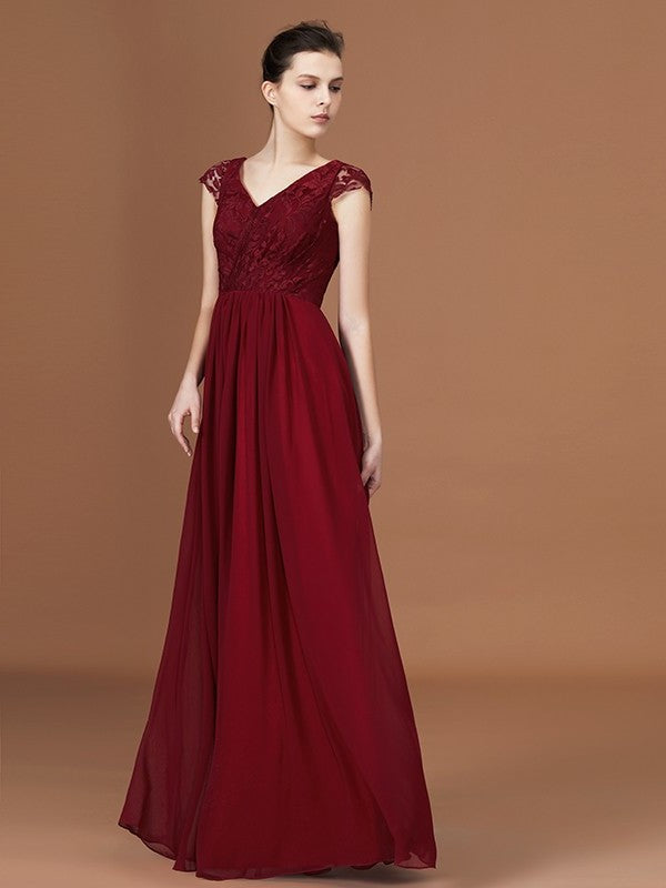 A-Line/Princess Lace Short Sleeves Chiffon Ruched V-neck Floor-Length Bridesmaid Dresses DEP0005649