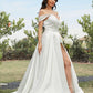 A-Line/Princess Satin Ruched Off-the-Shoulder Sleeveless Sweep/Brush Train Wedding Dresses DEP0005982