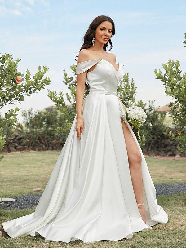 A-Line/Princess Satin Ruched Off-the-Shoulder Sleeveless Sweep/Brush Train Wedding Dresses DEP0005982