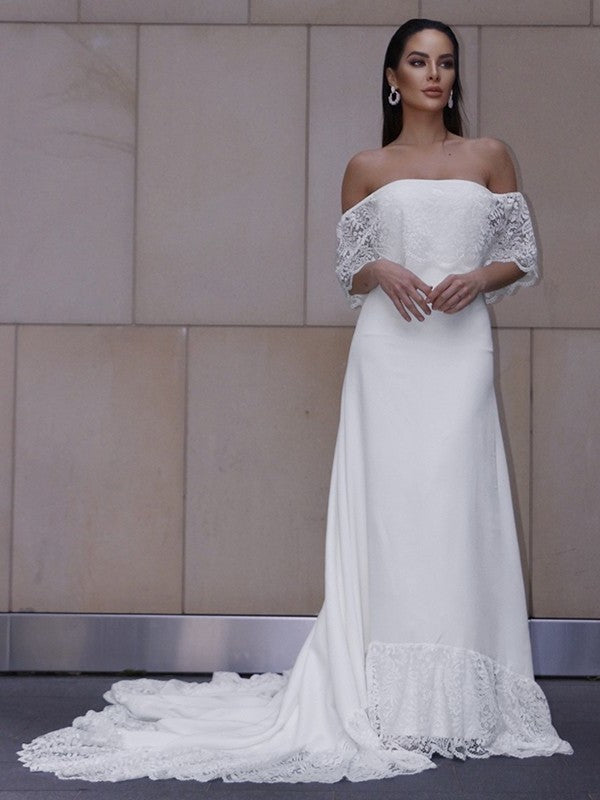 Sheath/Column Lace Ruffles Off-the-Shoulder Short Sleeves Sweep/Brush Train Wedding Dresses DEP0006510