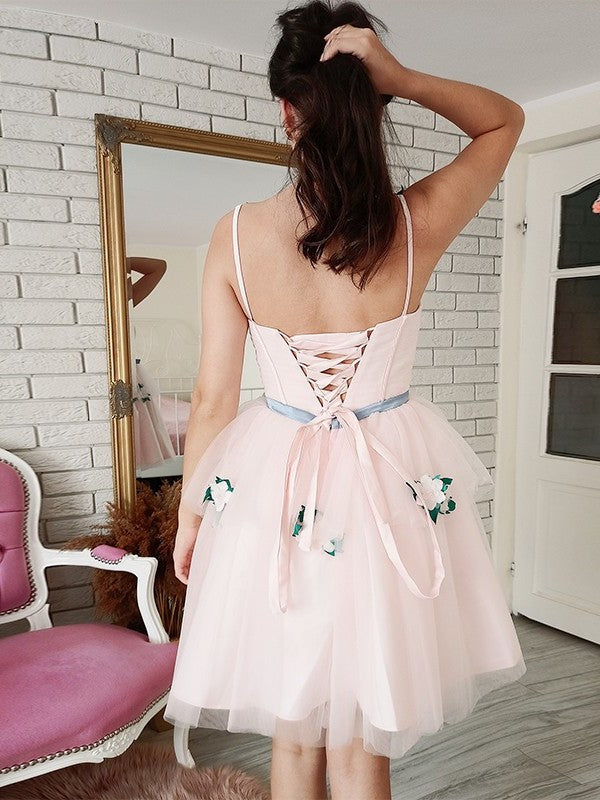 A-Line/Princess Tulle Hand-Made Flower Square Sleeveless Short/Mini Dresses DEP0004852