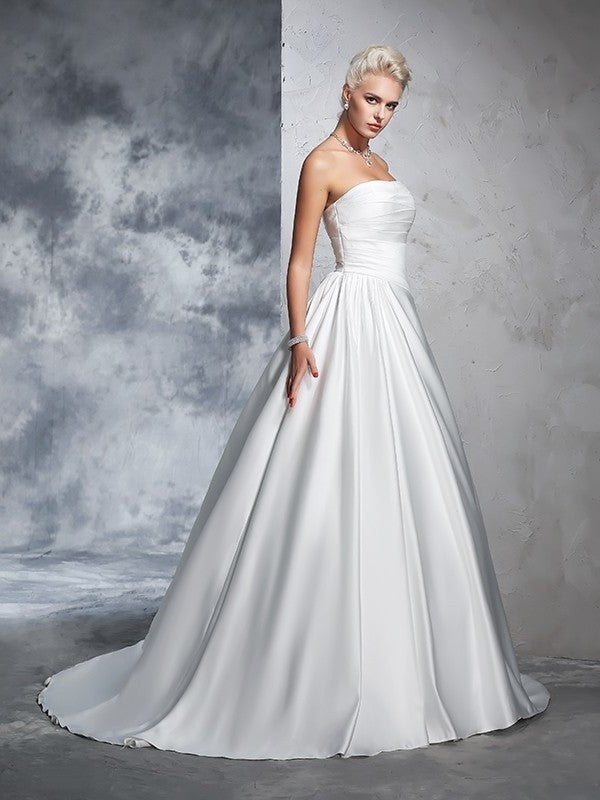 Ball Gown Strapless Ruched Sleeveless Long Satin Wedding Dresses DEP0006591