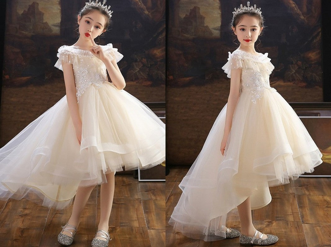 A-Line/Princess Tulle Applique Off-the-Shoulder Short Sleeves Asymmetrical Flower Girl Dresses DEP0007511