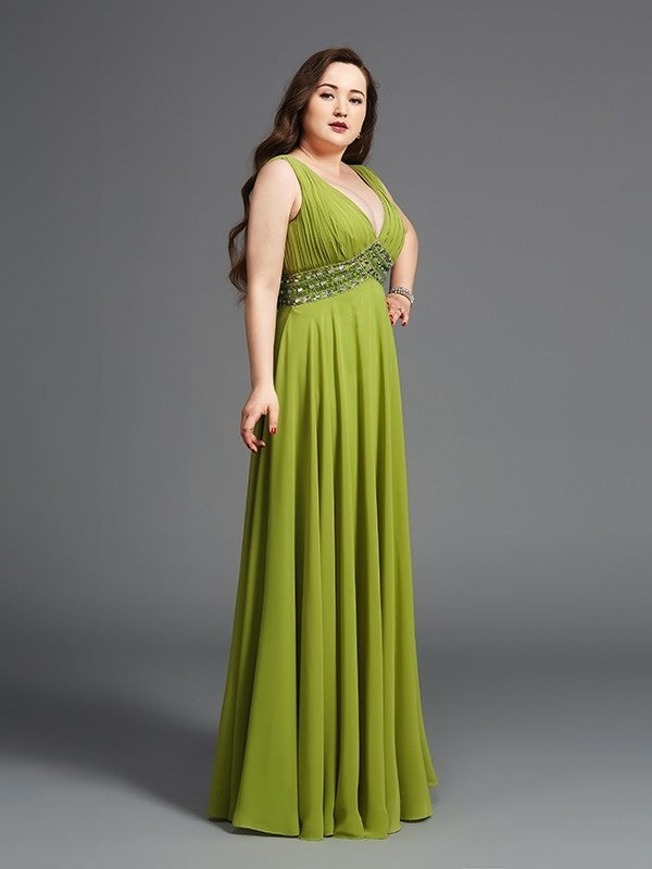 A-Line/Princess Straps Rhinestone Sleeveless Long Chiffon Plus Size Dresses DEP0003333
