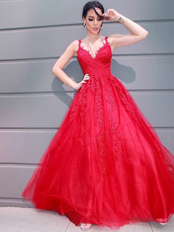 A-Line/Princess Tulle V-neck Floor-Length Applique Sleeveless Dresses DEP0001456