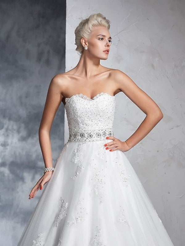 Ball Gown Sweetheart Applique Sleeveless Long Net Wedding Dresses DEP0006719