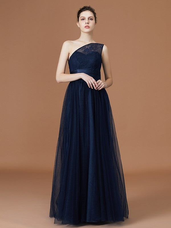 A-line/Princess One-Shoulder Lace Tulle Sleeveless Floor-Length Bridesmaid Dresses DEP0005736