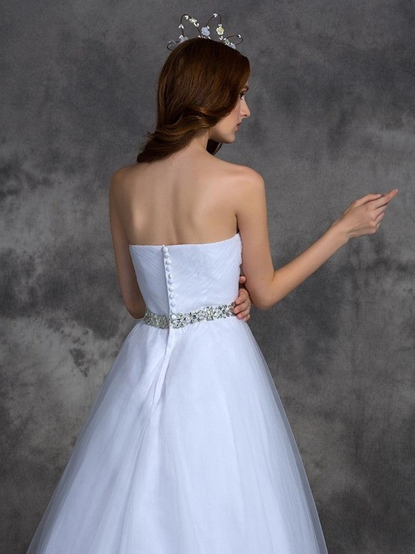 A-line/Princess Sweetheart Beading Sleeveless Long Satin Wedding Dresses DEP0006857