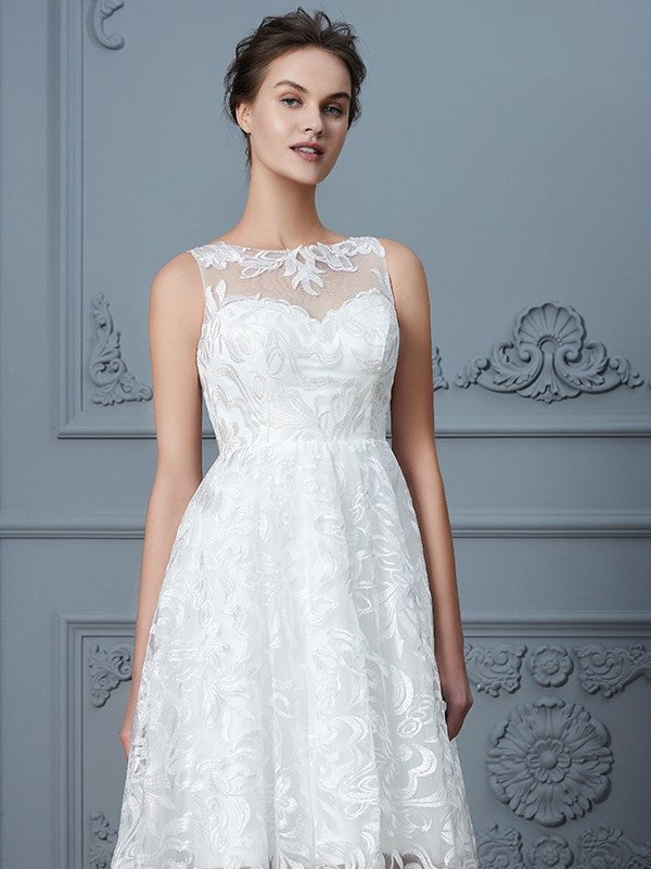 A-Line/Princess Scoop Sleeveless Asymmetrical Lace Wedding Dresses DEP0006018