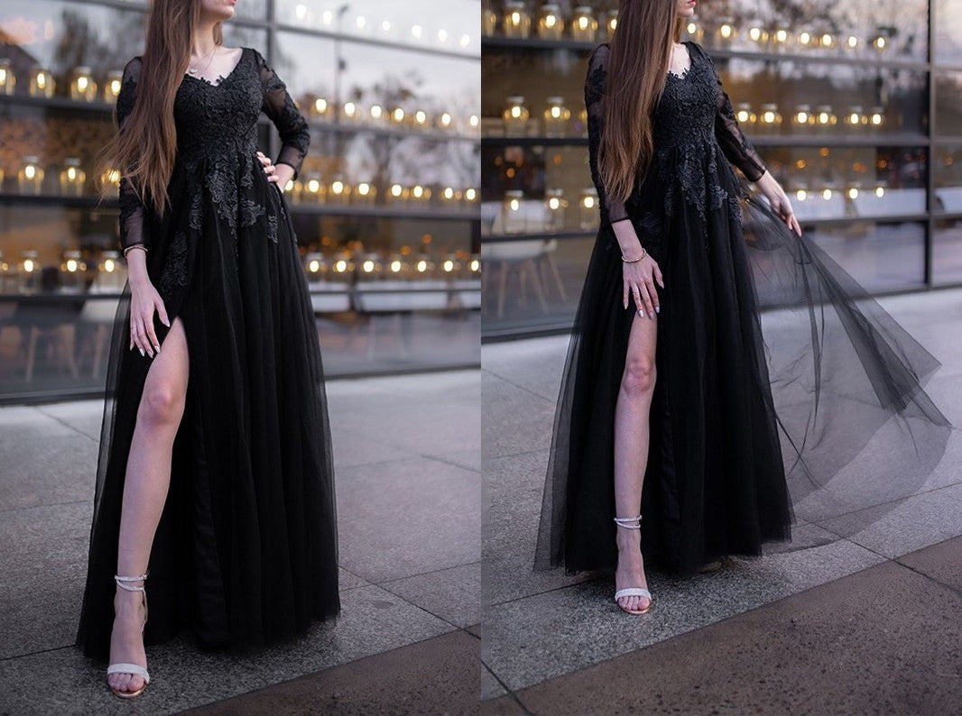 Ball Gown Tulle Long Sleeves Applique Off-the-Shoulder Floor-Length Dresses DEP0001473