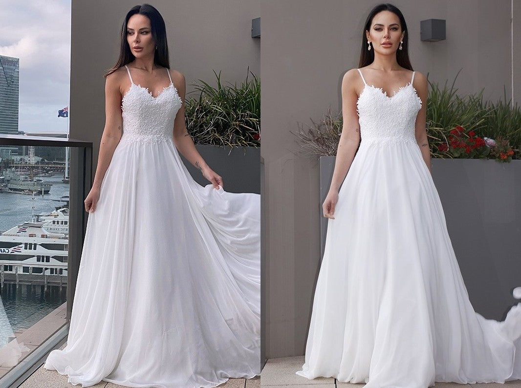 A-Line/Princess Chiffon Applique V-neck Sleeveless Sweep/Brush Train Wedding Dresses DEP0006050