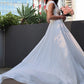 A-Line/Princess Stretch Crepe Ruffles V-neck Short Sleeves Sweep/Brush Train Wedding Dresses DEP0007020