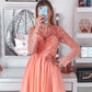 A-Line/Princess Bateau Long Sleeves Short/Mini Applique Chiffon Homecoming Dresses DEP0004687