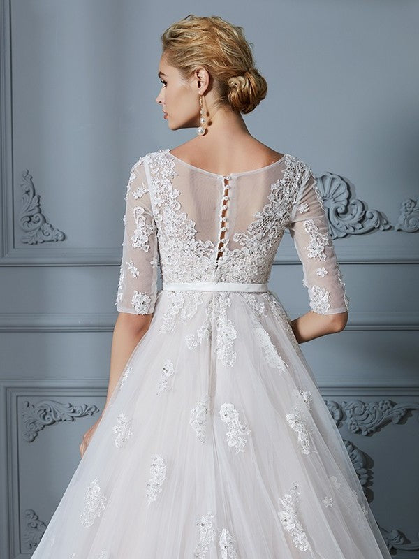 Ball Gown V-neck Court Train 1/2 Sleeves Lace Tulle Wedding Dresses DEP0006340