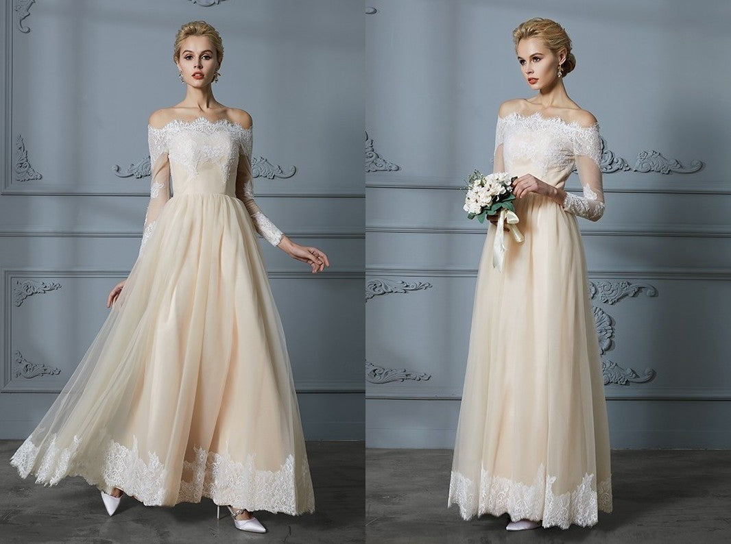 A-Line/Princess Off-the-Shoulder Long Sleeves Floor-Length Lace Tulle Wedding Dresses DEP0006638