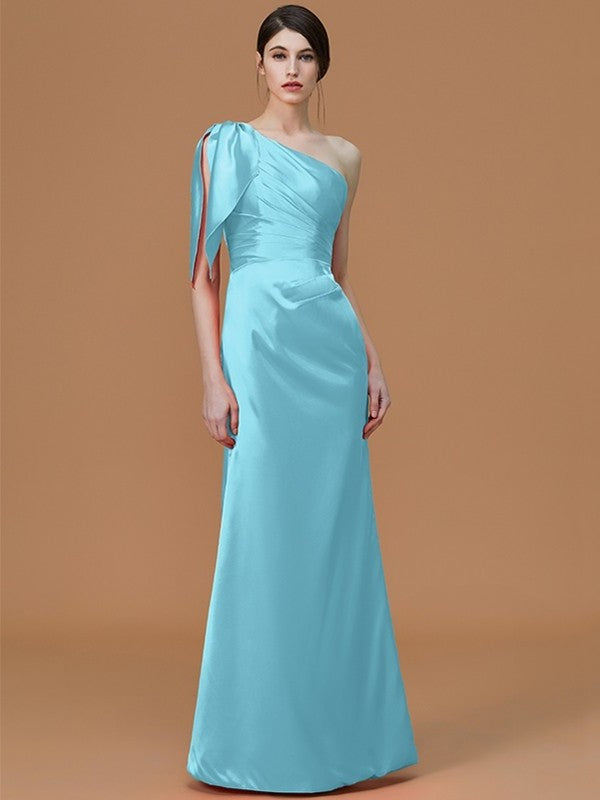 Trumpet/Mermaid One-Shoulder Sleeveless Floor-Length Ruched Satin Bridesmaid Dresses DEP0005353