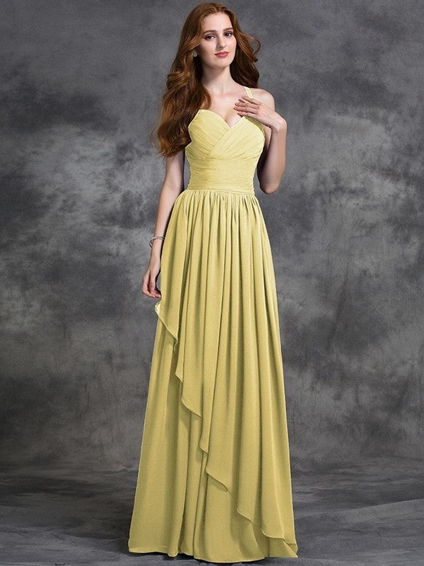 A-line/Princess Spaghetti Straps Sleeveless Long Ruffles Chiffon Bridesmaid Dresses DEP0005431