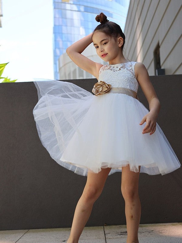 A-Line/Princess Tulle Lace Scoop Sleeveless Knee-Length Flower Girl Dresses DEP0007480