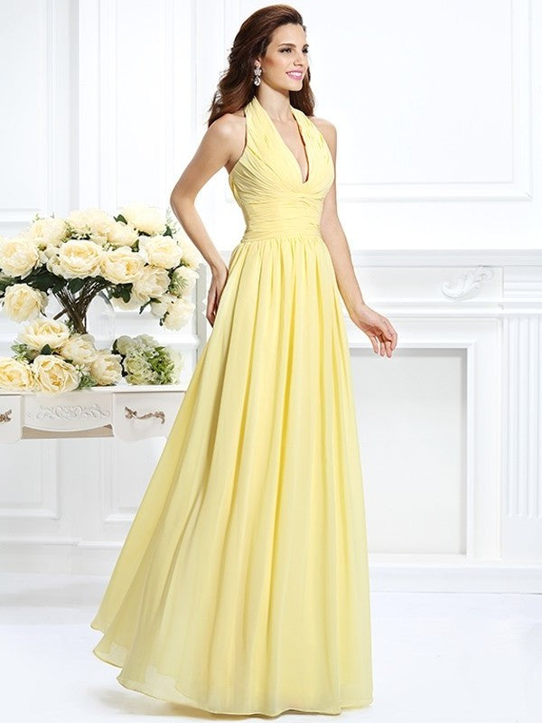 A-Line/Princess Halter Pleats Sleeveless Long Chiffon Bridesmaid Dresses DEP0002801