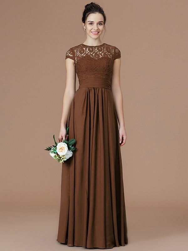 A-Line/Princess Jewel Short Sleeves Lace Floor-Length Chiffon Bridesmaid Dresses DEP0005179