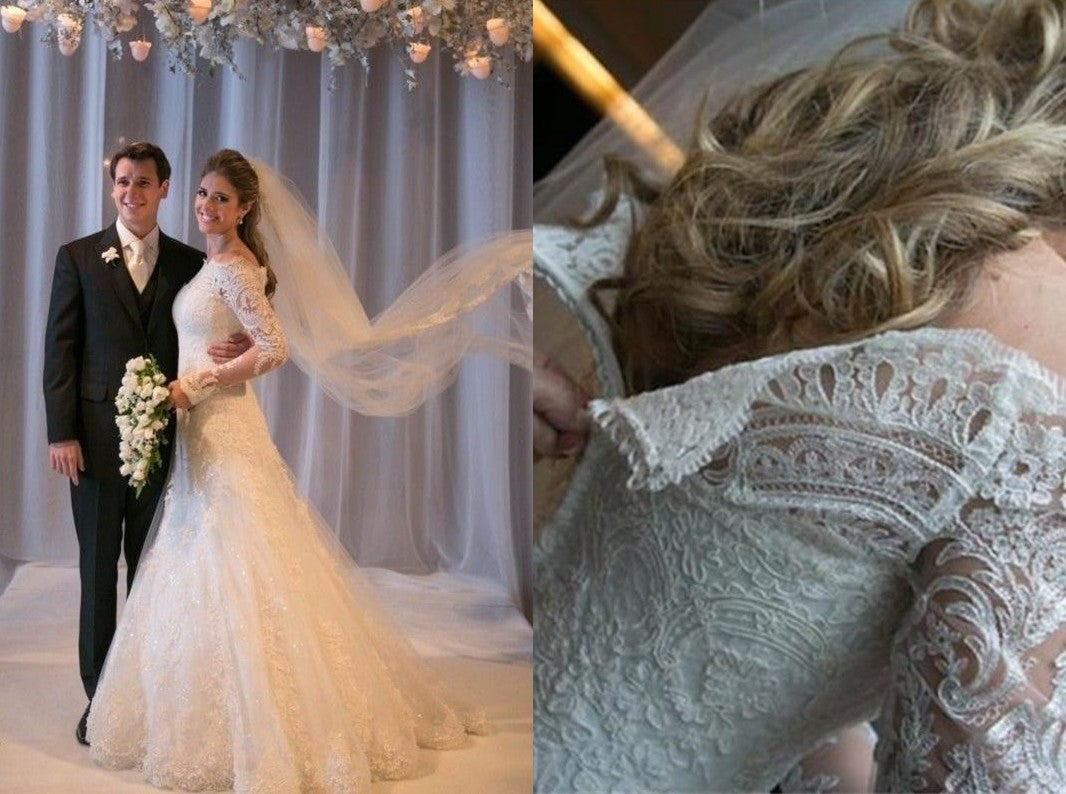Trumpet/Mermaid Long Sleeves Off-the-Shoulder Sweep/Brush Train Applique Lace Tulle Wedding Dresses DEP0006432